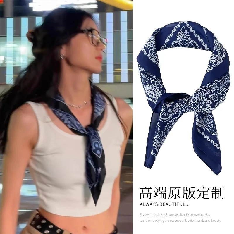 孙千同款藏青色腰果花丝巾韩版百搭方巾领巾2025新款绑发发带配饰