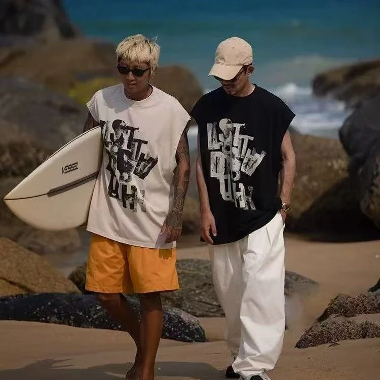 日系夏季纯棉印花无袖T恤男2025新款潮流宽松休闲背心-0102