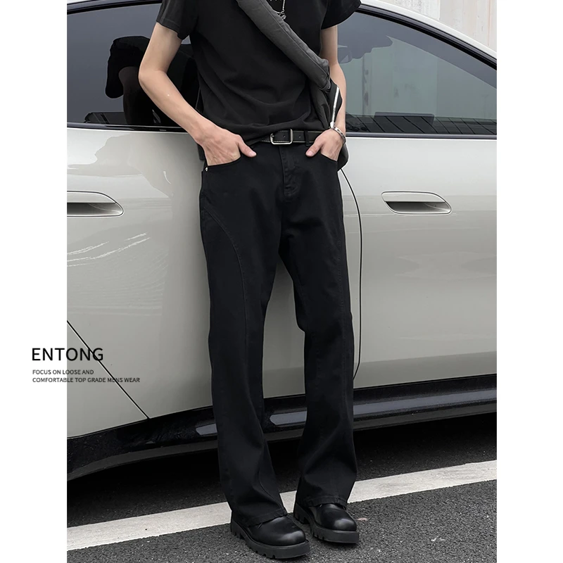 Entong美式复古斜切解构宽松潮流vibe水洗牛仔裤男款显瘦直筒裤子