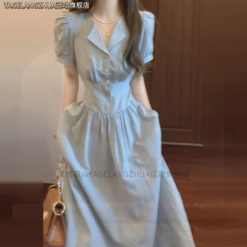 蓝色连衣裙子女夏季2025新款夏天巨好看的掐腰长裙轻熟小众不撞款