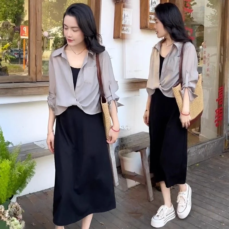 轻薄长袖防晒衬衫套装女2025夏季新款时尚显瘦吊带连衣裙两件套潮