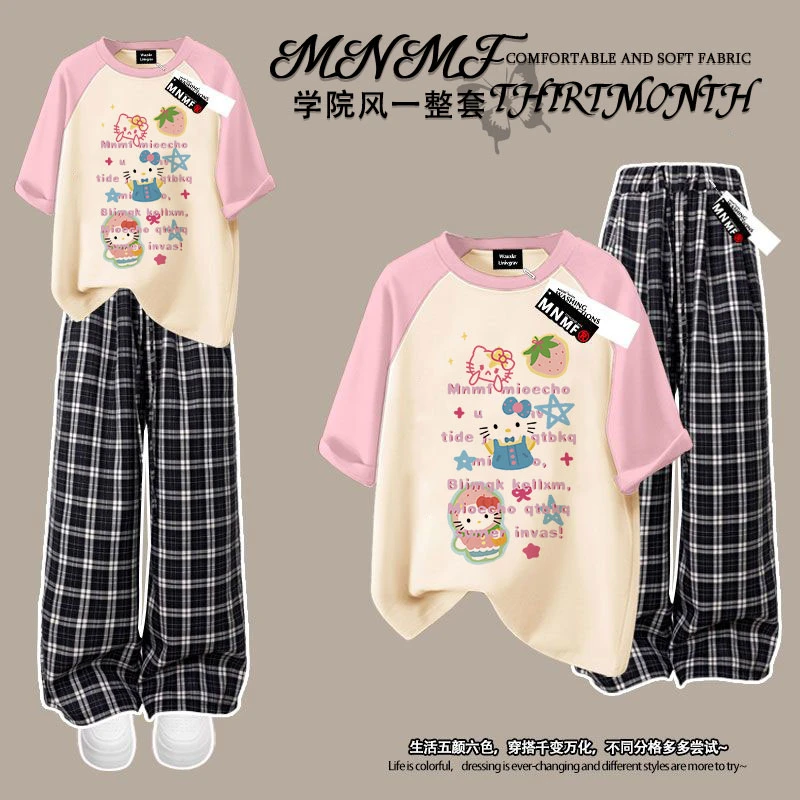 夏季撞色多巴胺女童kitty猫印花纯棉短袖格子裤套装时髦百搭上衣