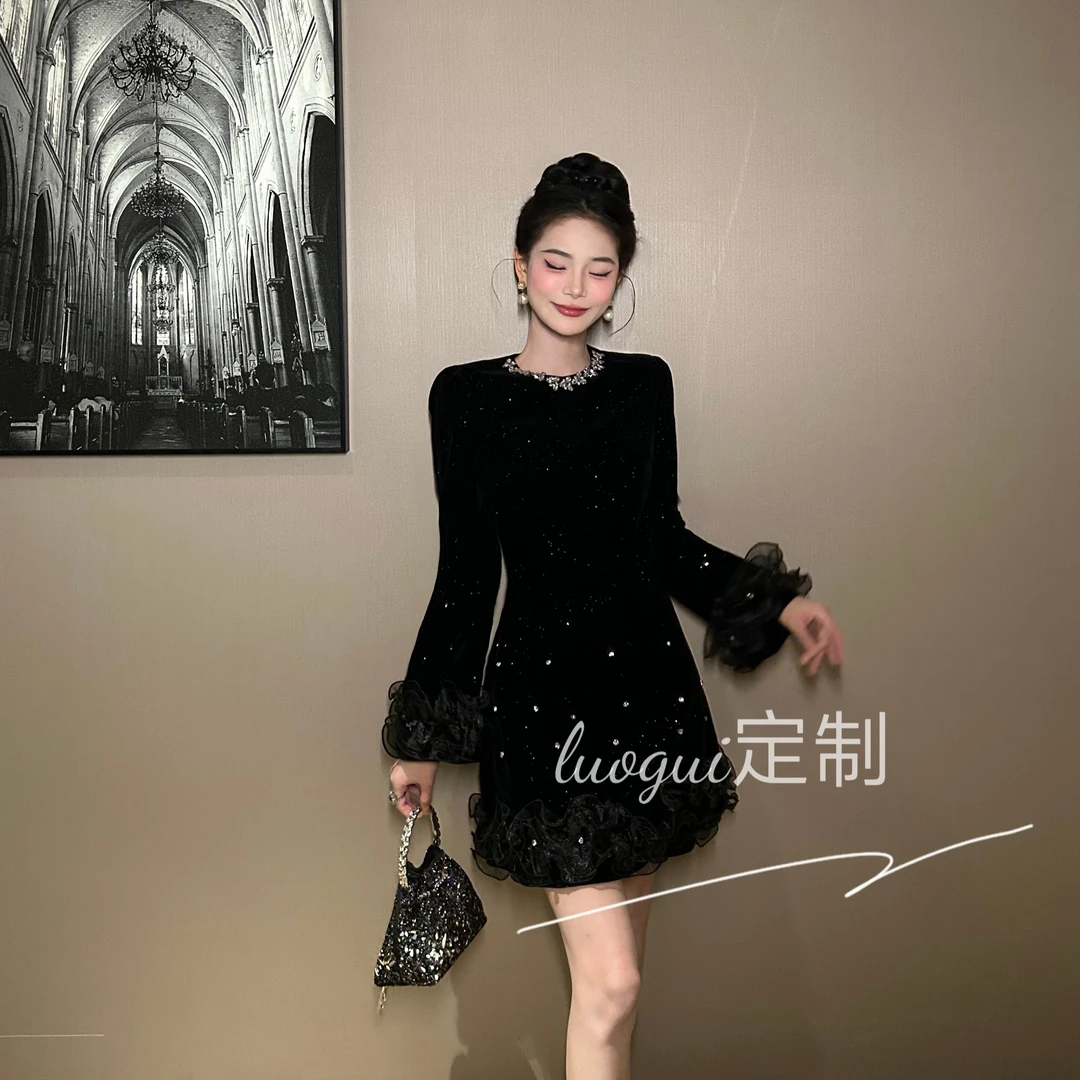 【花花原创】轻奢时尚小黑裙复古拼接名媛法式复古气质连衣裙21602