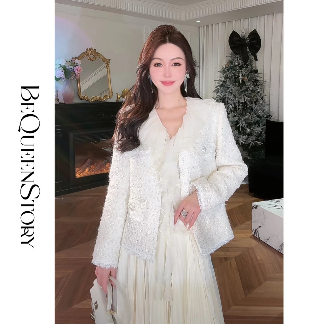 余潇潇【暮雪苍兰】羊毛混纺定制珠片正肩小香风外套2025年新品