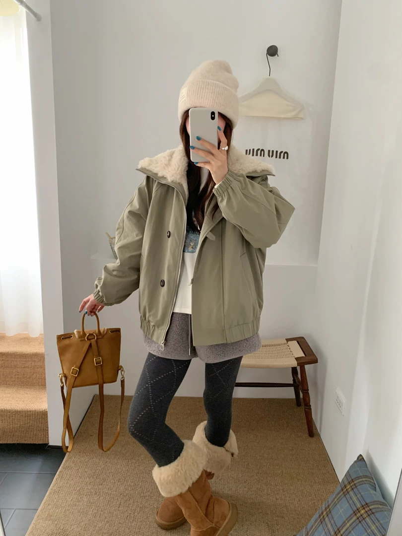 Y998816-加厚冬季新款时尚拼接大翻领女宽松休闲外套