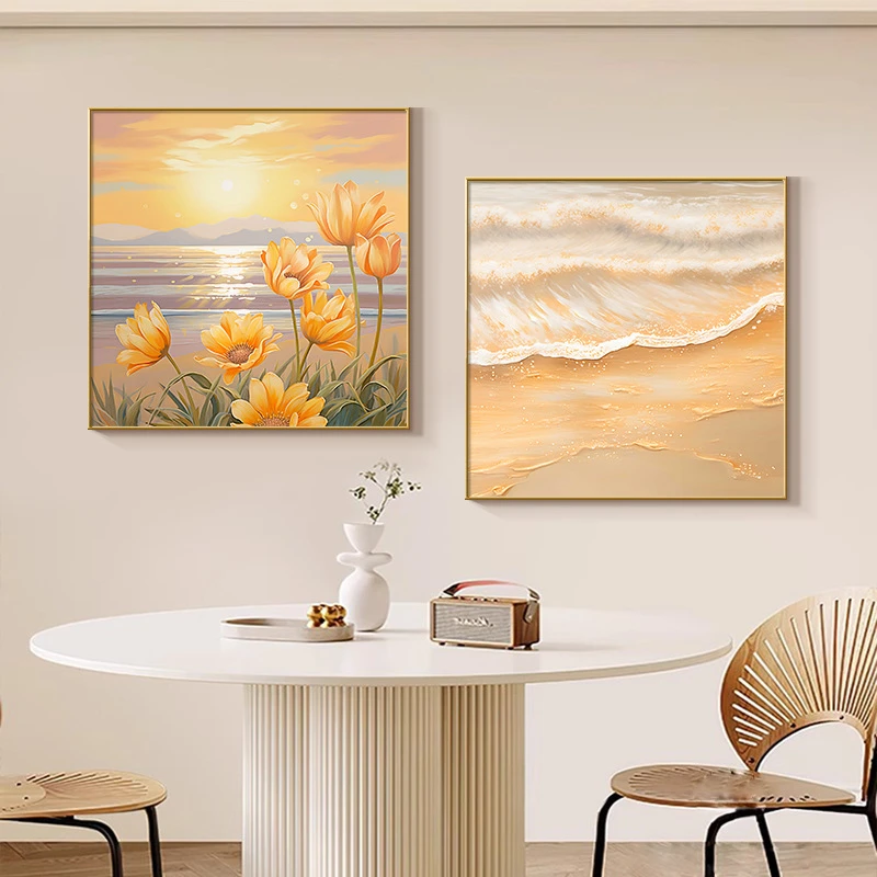 奶油风餐厅装饰画正方形小清新风景挂画简约饭厅餐桌背景墙壁挂画