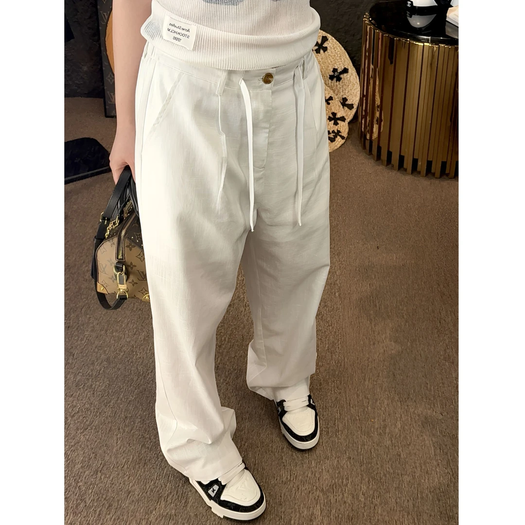 2025夏季新款老钱风亚麻长裤宽松显瘦休闲百搭慵懒极简男女潮流