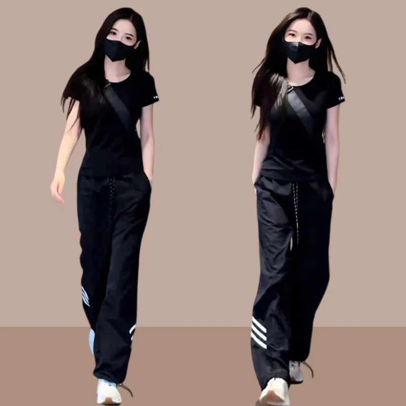 时尚百搭短袖体恤运动裤两件套2025夏季新款网红洋气炸街女装套装