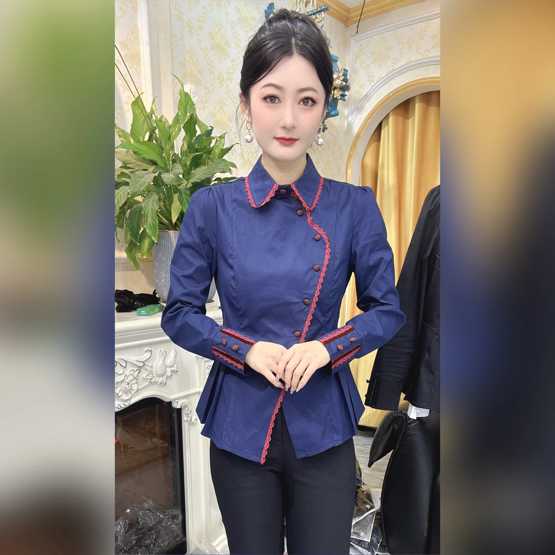 1103）雅伊裳品家2025年早秋新款高品质重工艺串珠衬衫女显瘦气质