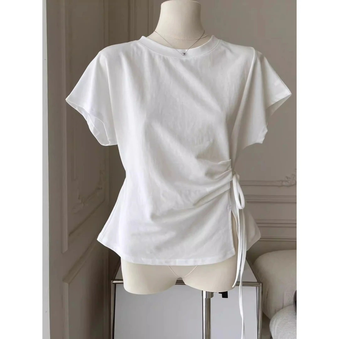 质感绝绝子！韩系不规则绑带收腰短袖T恤女夏气质百搭修身显瘦上衣