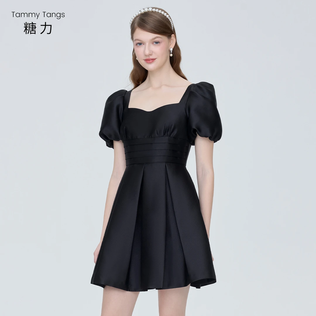 【诗语专属】糖力法式小黑裙礼服女夏季缎面泡泡袖方领显瘦连衣裙