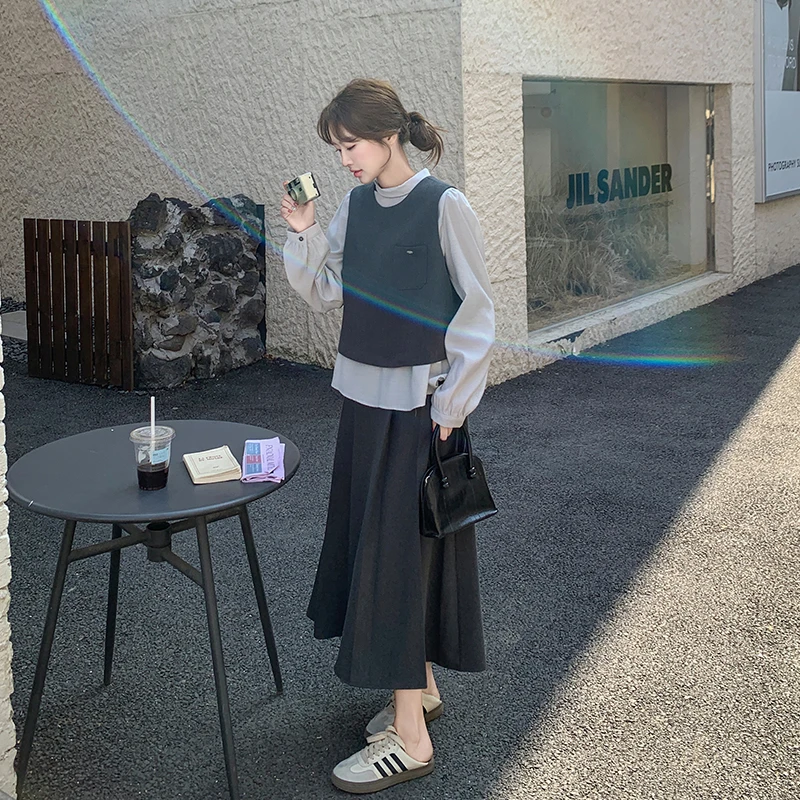 灰色韩系衬衫套装裙女春秋小香风三件套高级感超火流行氛围感穿搭