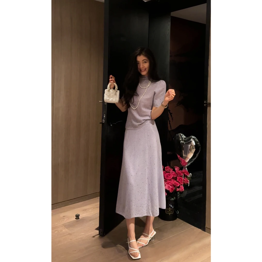 N.COU妮蔻25夏新款绵羊毛混纺烫钻肌理针织上衣半裙套装DY22009-1