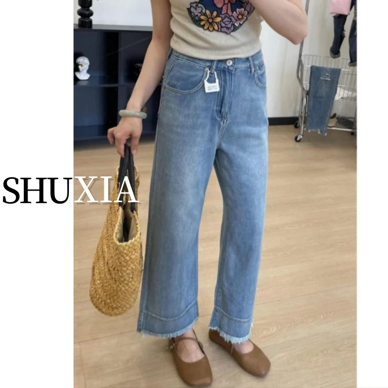 胖mm显瘦遮胯毛边九分裤子女夏季薄款梨形身材宽松大码直筒牛仔裤