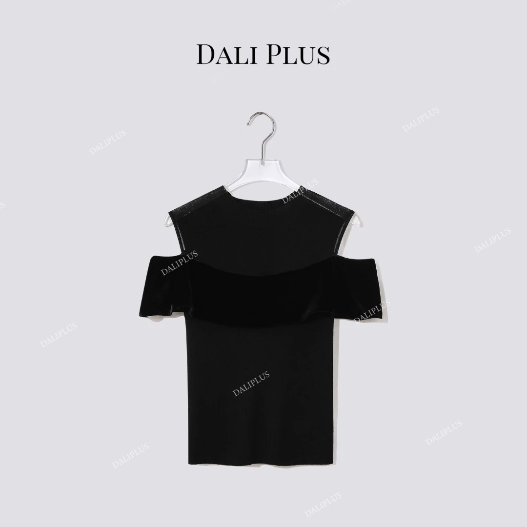DALI PLUS“露肩拼荷叶边上衣”莱赛尔桑蚕丝针织-D5CK2053-1