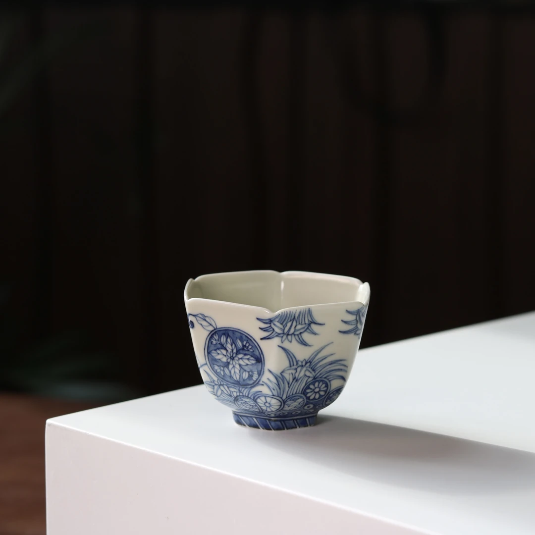 望野生香 景德镇手绘六方青花花卉主人杯茶杯 90cc