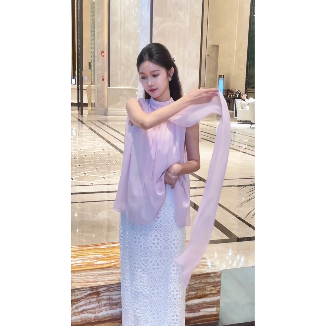 ZLeays林小允【蔓颈】粉色飘带无袖挂脖衬衫女纯欲风设计感上衣-291