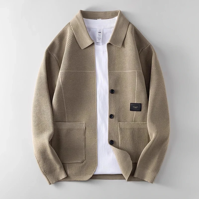 仓石一树肌理感百搭翻领开衫毛衣外套男装秋季休闲宽松商务针织衫