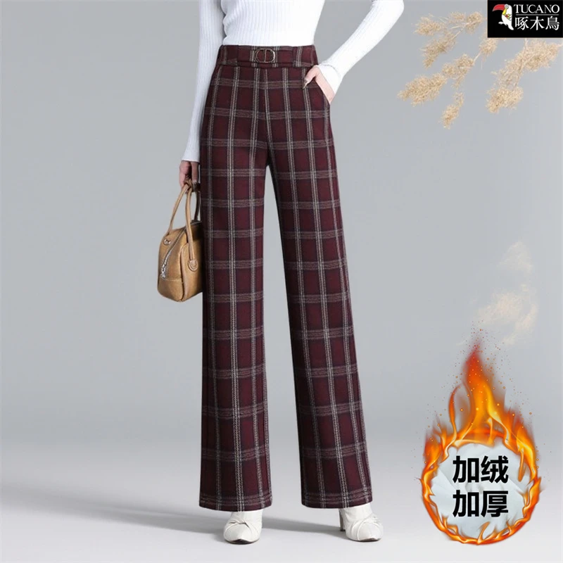 啄木鸟正品2025年新款时尚阔腿裤冬季加绒保暖拼接撞色百搭裤子女