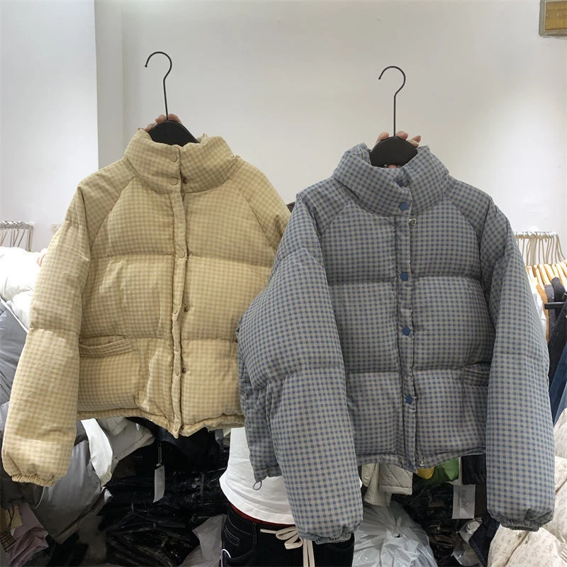蓝色格子立领保暖棉服女2024冬季韩系宽松设计感面包服短款外套潮