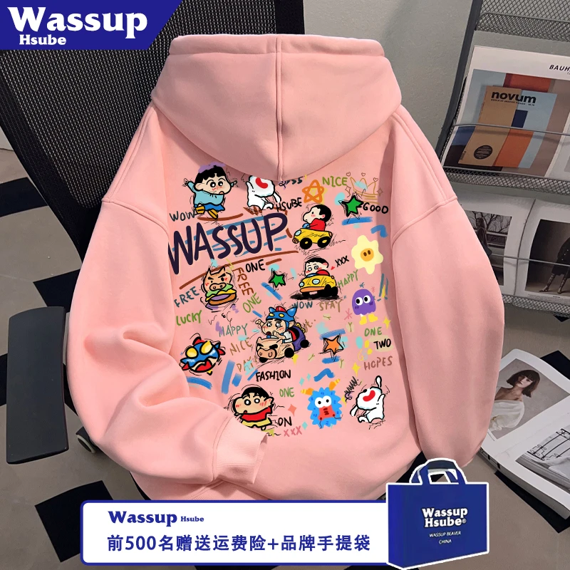 WASSUP HSUBE可爱动漫印花加绒卫衣重磅秋冬男女连帽套头粉色上衣