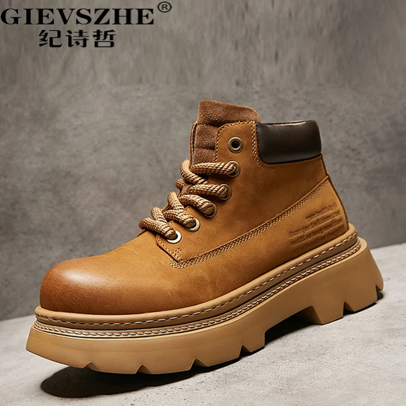 纪诗哲真皮马丁靴厚底增高复古工装靴冬季新款潮流英伦时尚大黄靴