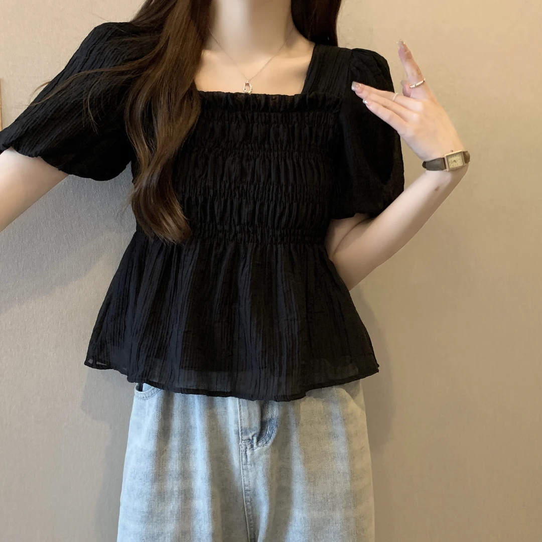 大码女装胖mm夏新款2025设计感褶皱方领泡泡袖后背系带甜美衬衫女