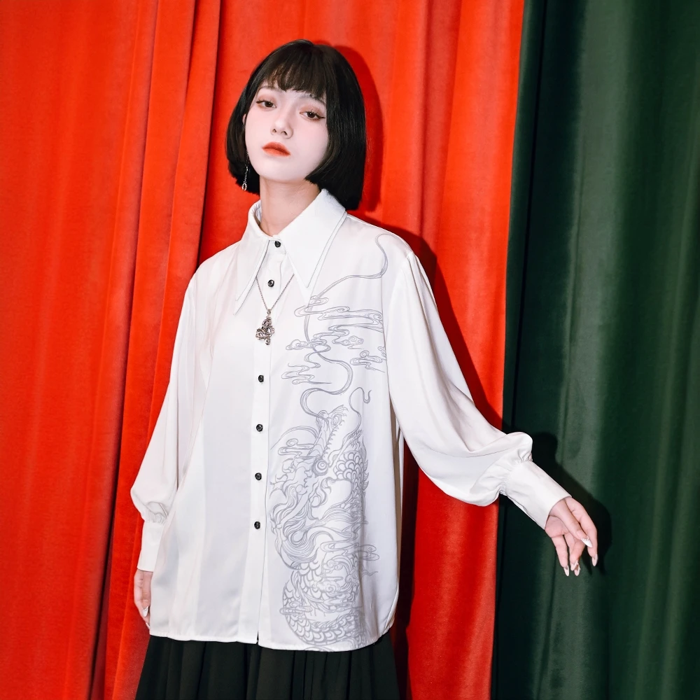 「云螭」双层领国风白色衬衫设计感印花新中式灯笼袖上衣男女衬衣