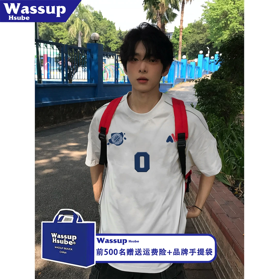 WASSUP HSUBE国潮牌盾标字母拼接线条短袖T恤男女夏季宽松半袖tee