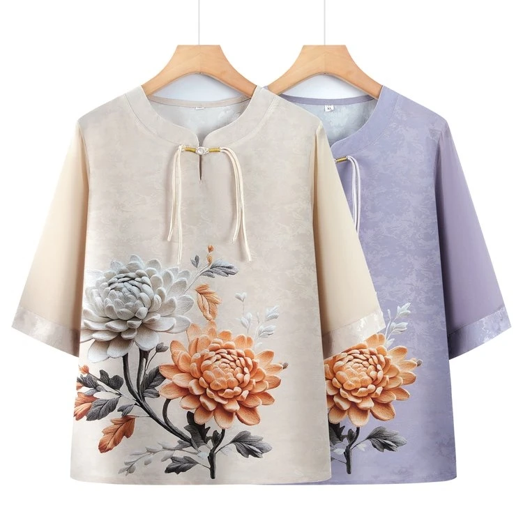 妈妈夏季中袖T恤国风薄款中老年洋气小衫高贵气质上衣