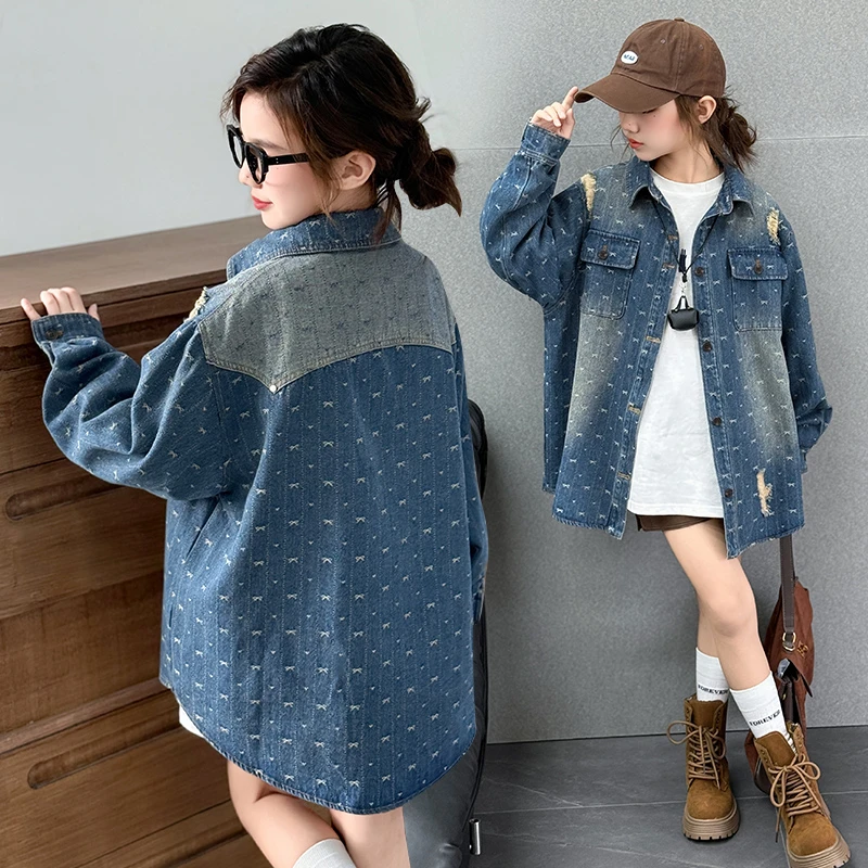 女童牛仔衬衫春秋装2025新款6-12岁儿童秋季打底衫女孩牛仔外套潮