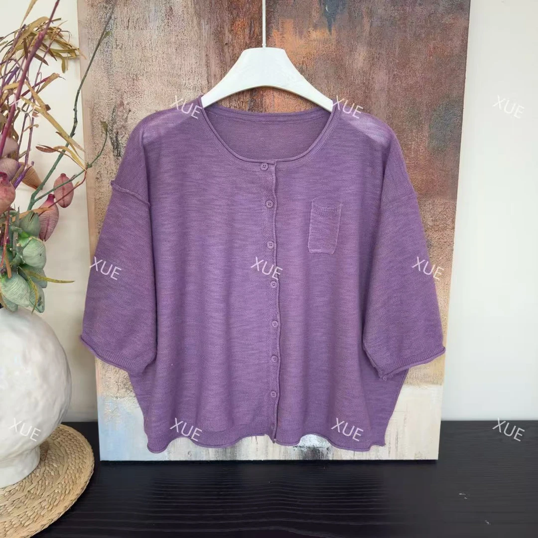 雪儿X098夏款卷边设计宽松版显瘦百搭针织短袖上衣