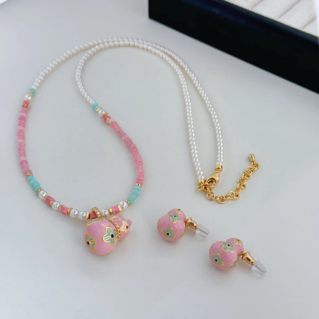 铜合金项链 新中式珐琅滴釉粉葫芦耳钉长款项链高级感串珠锁骨链