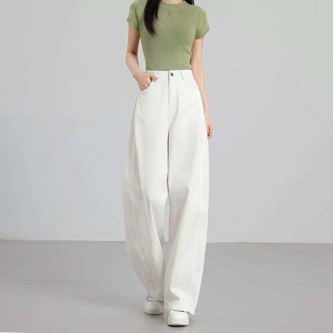 100%棉秋季新款高腰宽松慵懒弯刀裤女百搭显瘦直筒裤