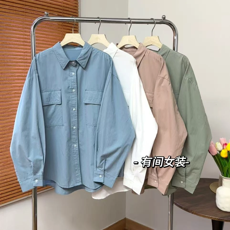 大版宽松双口袋纯色休闲百搭长袖衬衫中长款通勤简约上衣女衬衣
