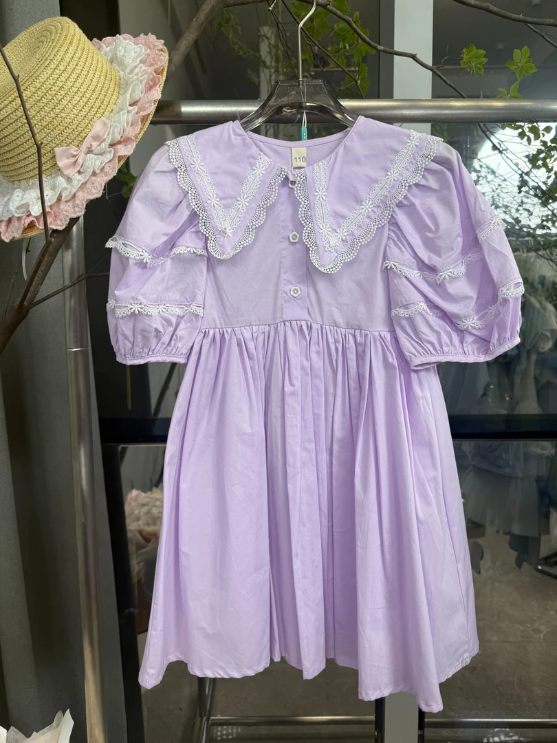 K305 刺绣学院风公主风休闲夏季泡泡袖紫色女短袖连衣裙