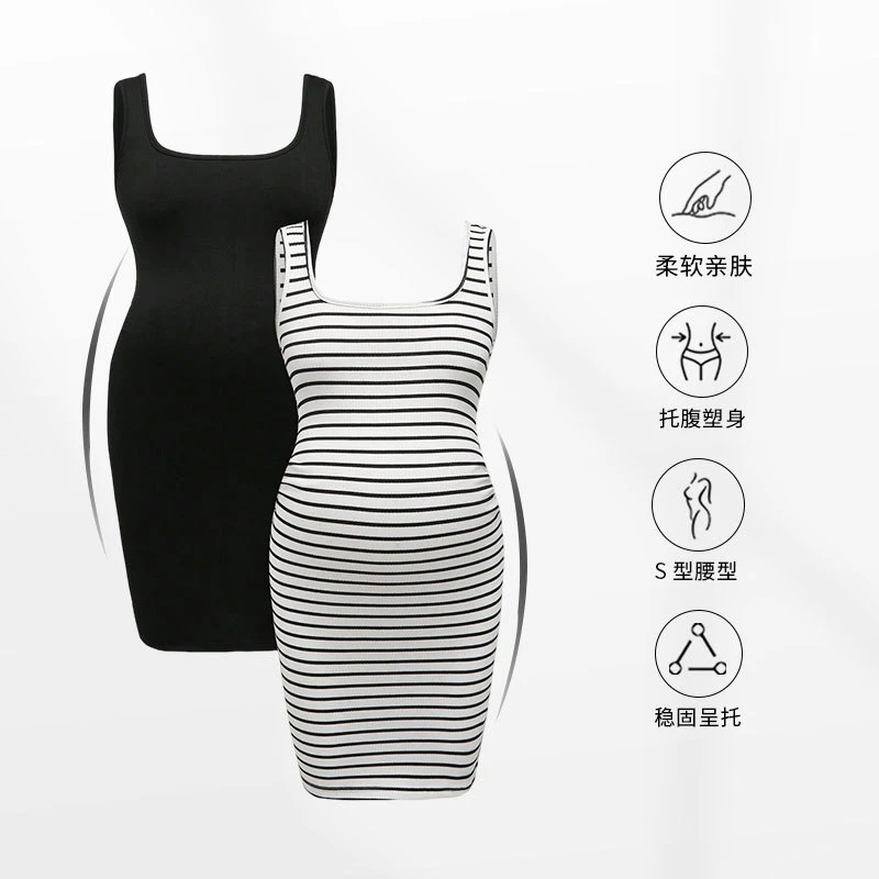 欧美跨境爆款2024秋季孕妇收腰无袖紧身黑白条塑型包臀休闲连衣裙