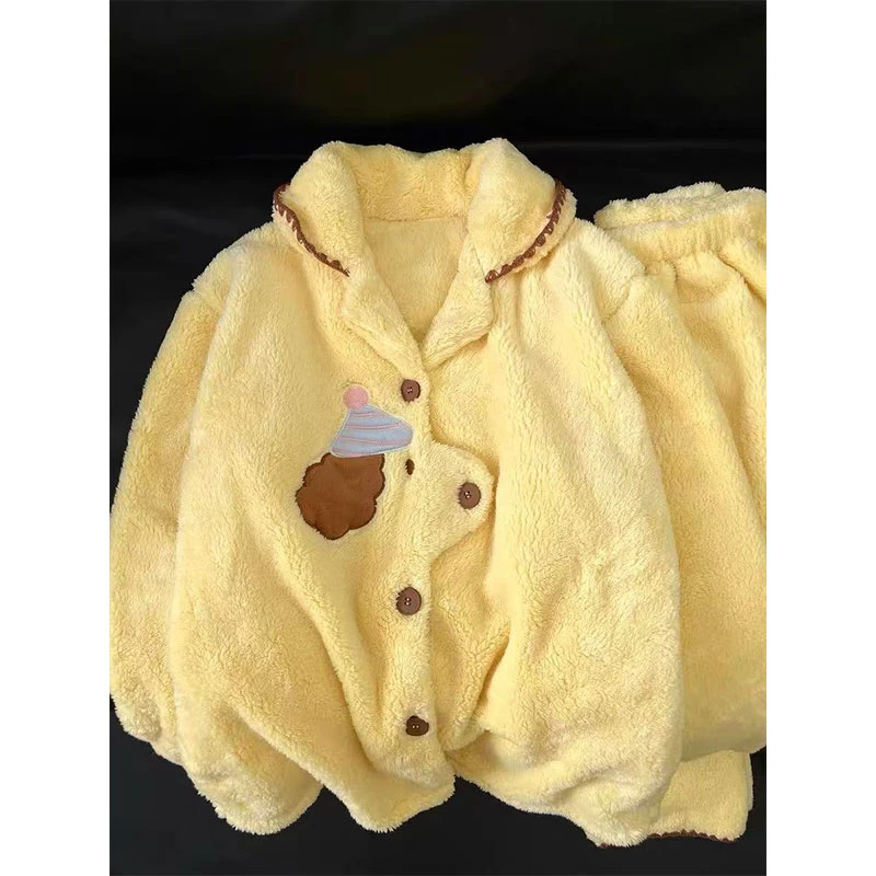 可爱卷毛小狗珊瑚绒睡衣女款秋冬季加绒加厚保暖法兰绒家居服套装