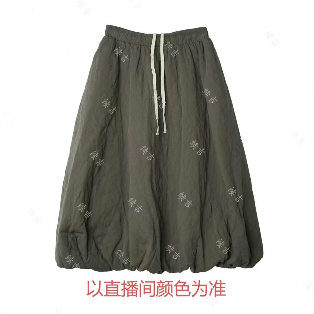 冬-续吉麻衣25-2721棉抽绳纯色菱格复古百搭休闲夹棉半裙