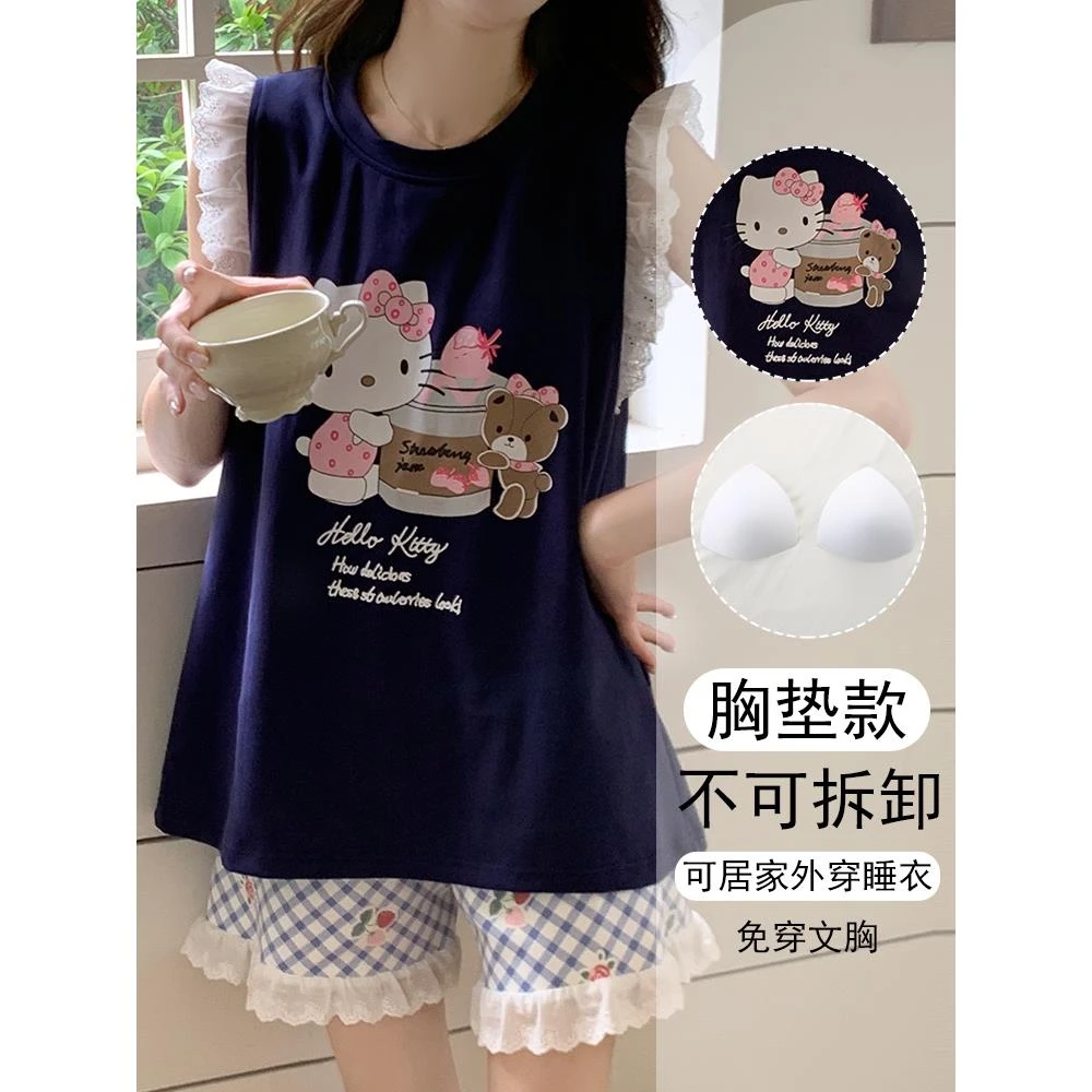 2025年新款夏季天可爱背心带胸垫睡衣女大码薄款家居服套装可外穿