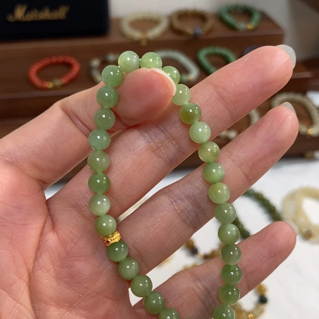 和田玉银S925镶嵌手链福利6mm黑阳洞碧玉