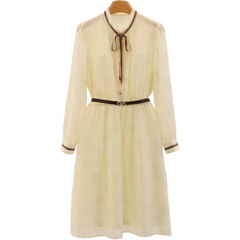 F6304-【香】系带圆领松紧腰淑女雪纺连衣裙#WYX57L008