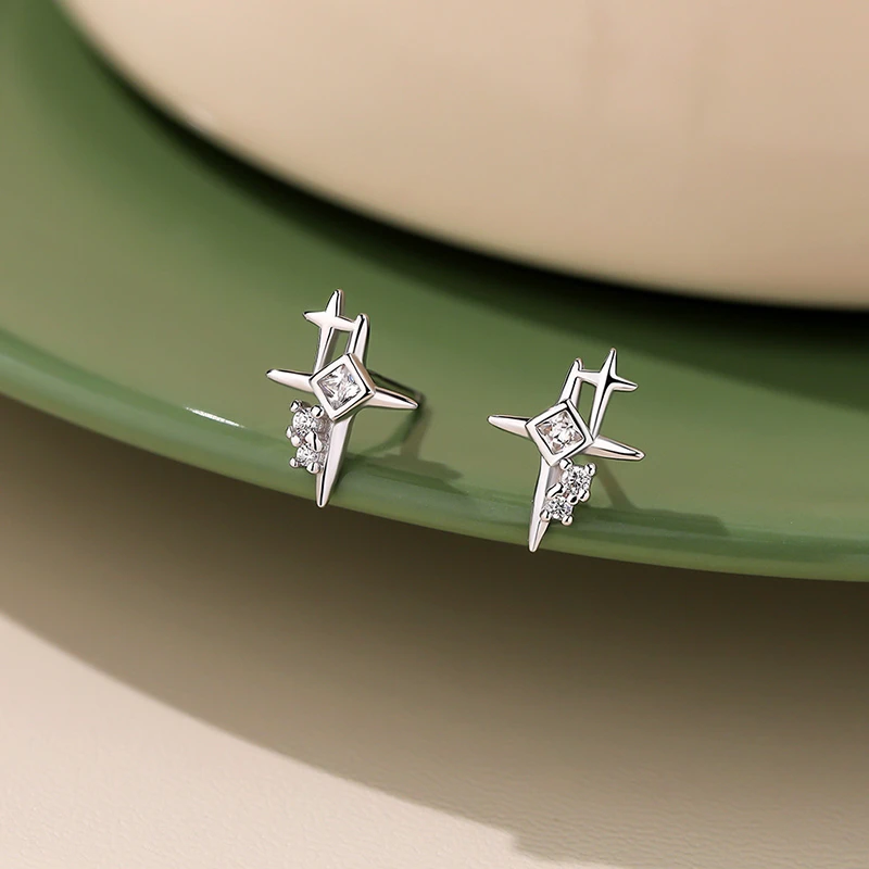925银耳饰 S925纯银璀璨四芒星耳钉男女个性潮酷耳环独特养耳洞