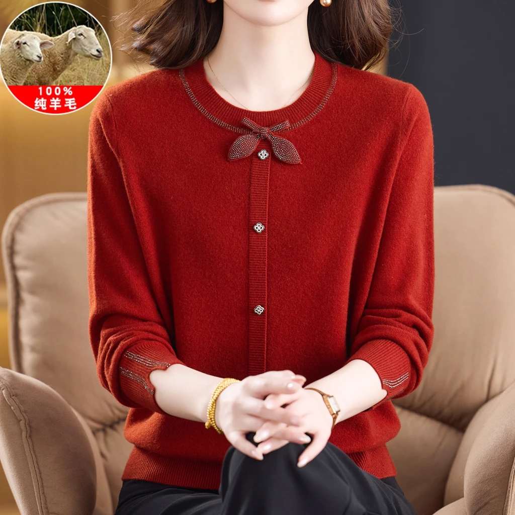 100%纯羊毛妈妈装秋冬毛衣大码打底衫洋气中老年女气质上衣服高贵