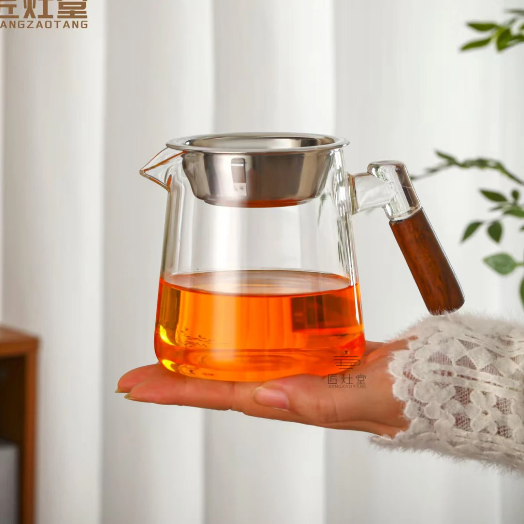 新款高硼硅玻璃侧把透明色分茶器（赠不锈钢过滤）
