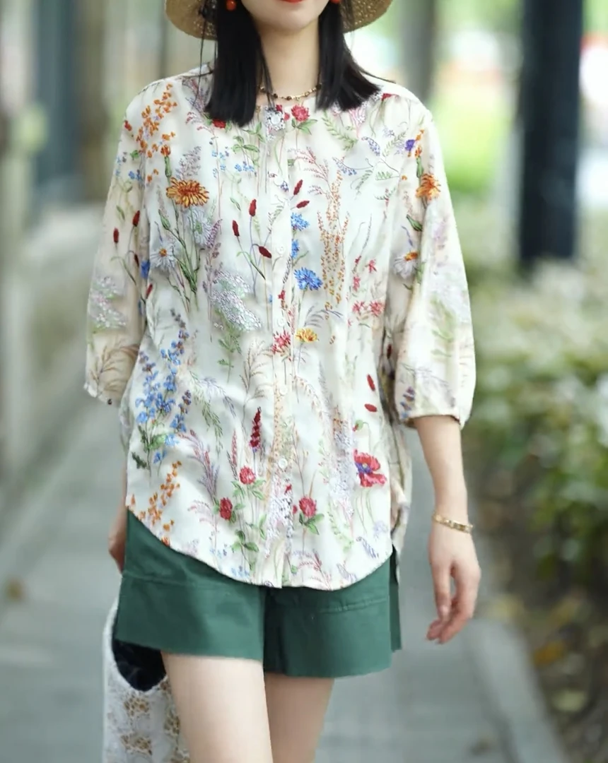 2025新款时尚洋气百搭设计感碎花衬衣气质夏季复古宽松夏季国风