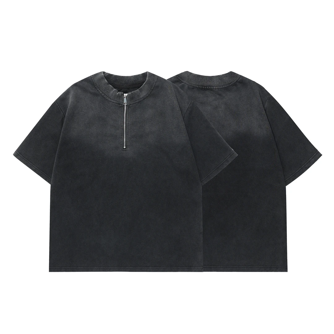 半拉链短袖T恤男2025夏季潮牌设计感小众水洗上衣黑色重磅五分袖