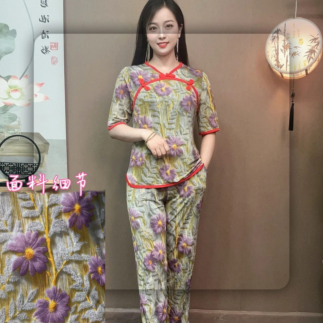 中式套装洋气印花女装时尚套装妈妈装时尚显瘦气质