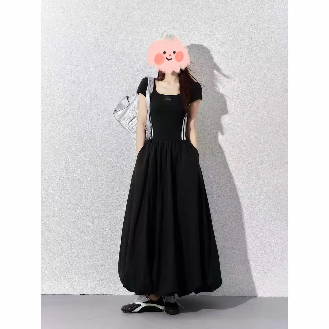 大码夏季法式短袖连衣裙收腰显瘦长裙5892#短裙5897#