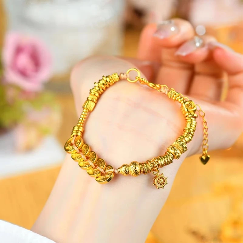 铜合金手链 新中式名族风古法金錾刻吉言五帝钱盘缠手链轻奢手串